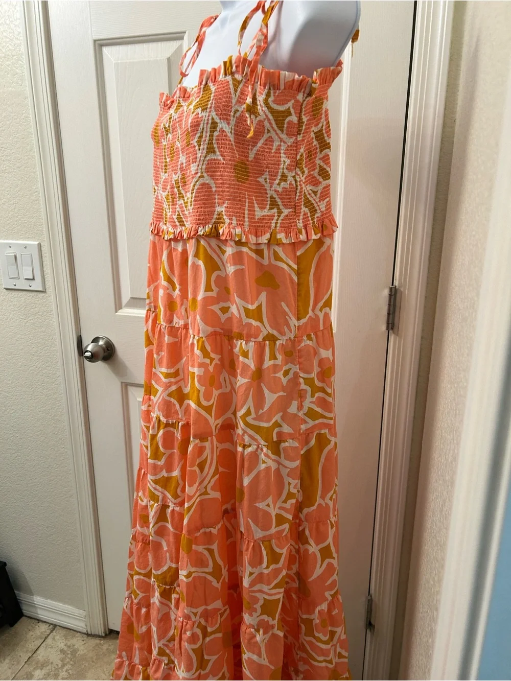 J. Crew Orange Floral Smocked Tie-Shoulder Maxi Dress